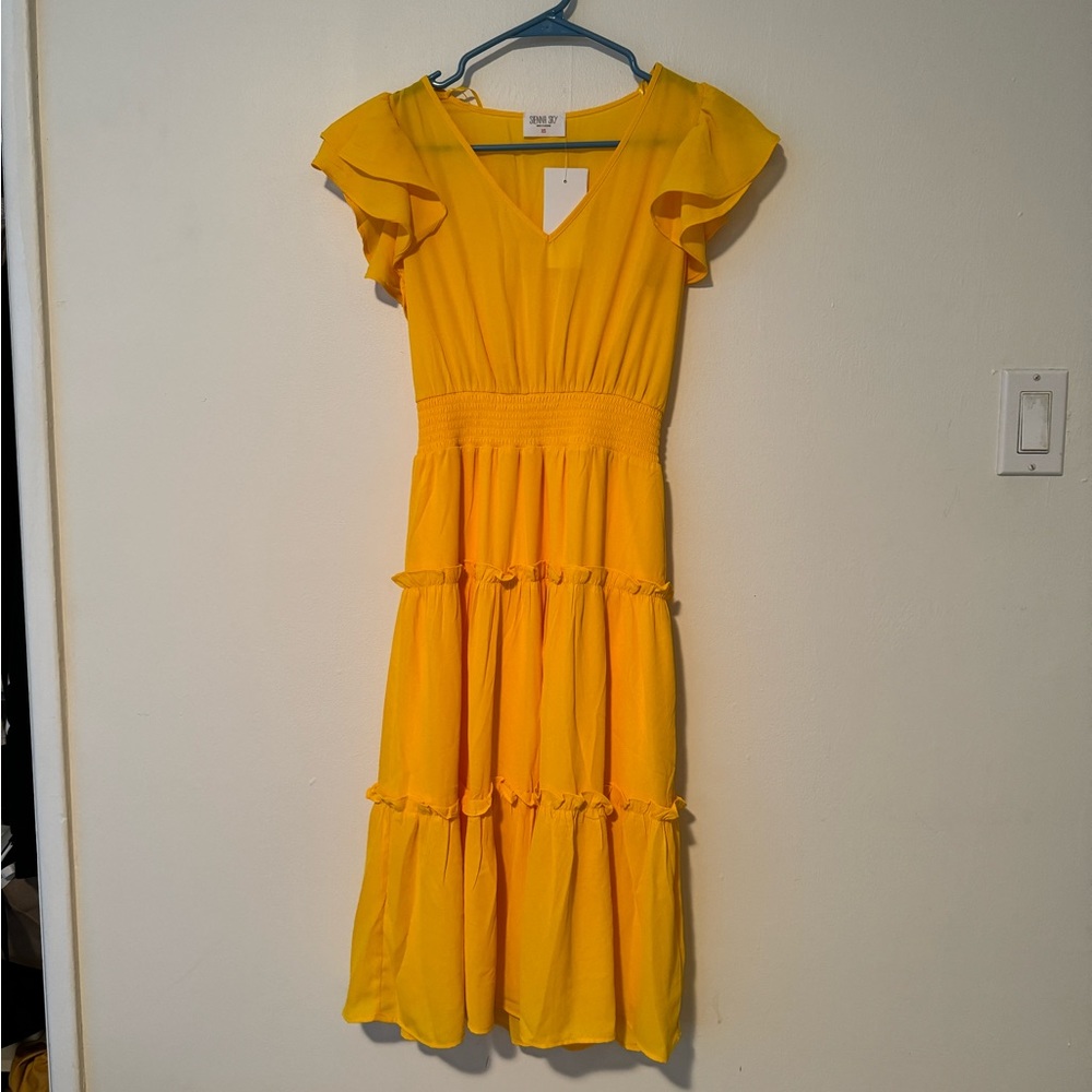 Yellow ruffled midi dress, slightly sheer